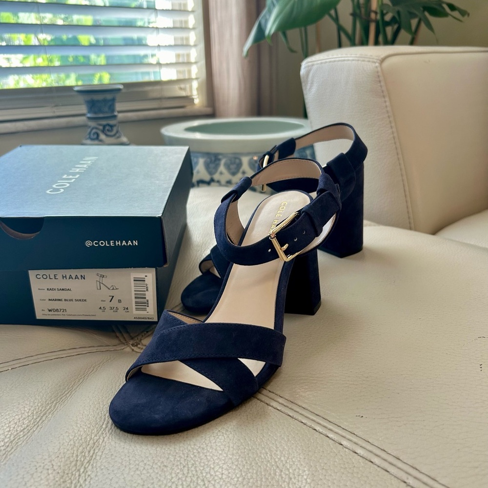 New in box Cole Haan blue, suede Kadi ,4 inch block heel sandals.